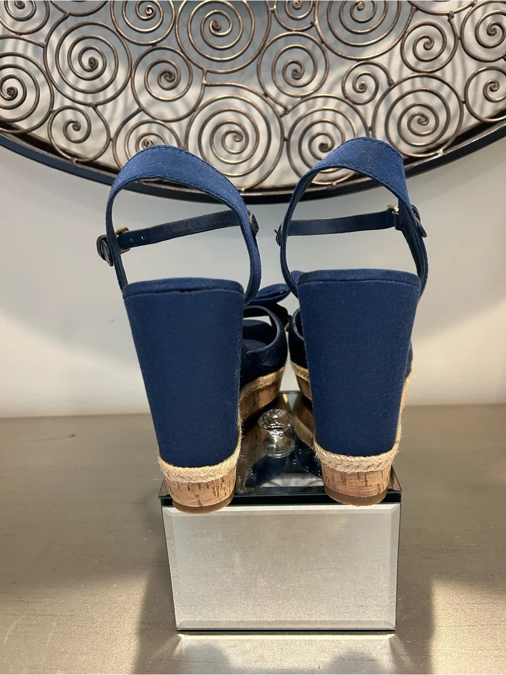 Tory Burch Navy Bow Espadrille Wedge Sandals